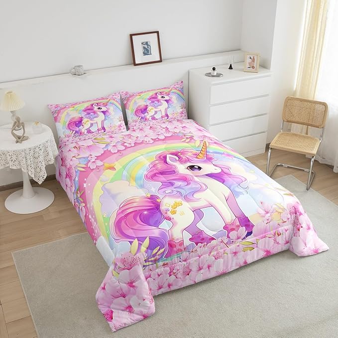 Cartoon Unicorn Kids Comforter Set Twin Size,Sakura Cherry Blossom Japanese Bedding Set,Girls Women Room Decor,Rainbow Unicorn Cute Down Comforter,Pink Purple Romantic Duvet Insert,1 Pillowcase - LeafyLoom