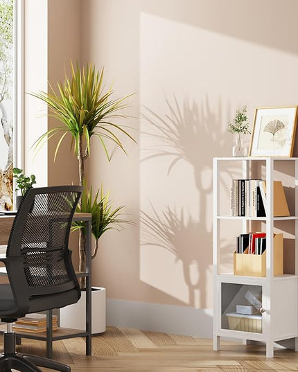 TUTOTAK 4 Tier Bookcase and Bookshelf, Narrow Book shelf with Door for Small Space, for Living Room, Office, Study, Entryway, White BS03BW004 - LeafyLoom
