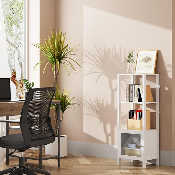 TUTOTAK 4 Tier Bookcase and Bookshelf, Narrow Book shelf with Door for Small Space, for Living Room, Office, Study, Entryway, White BS03BW004 - LeafyLoom
