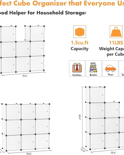 C&AHOME Cube Storage Organizer with Doors, 9-Cube Shelves, Closet Cabinet, DIY Plastic Modular Bookshelf Ideal for Bedroom, Living Room, 36.6”L x 12.4”W x 36.6”H White USBTM3009B-DOOR - LeafyLoom