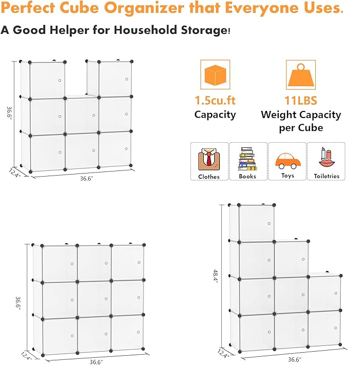 C&AHOME Cube Storage Organizer with Doors, 9-Cube Shelves, Closet Cabinet, DIY Plastic Modular Bookshelf Ideal for Bedroom, Living Room, 36.6”L x 12.4”W x 36.6”H White USBTM3009B-DOOR - LeafyLoom