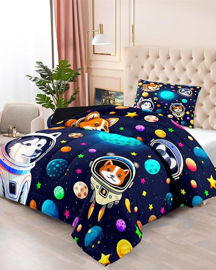 Dog Pattern Comforter Set - 3Pcs Cartoon Universe Dogs Theme Bedding Set for Boys Girls Kids Bedroom Kawaii Animal Pets Bedspreads Cover with 2 Pillowcases for All Season, Queen Size - LeafyLoom