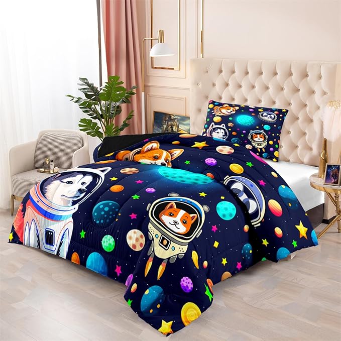 Dog Pattern Comforter Set - 3Pcs Cartoon Universe Dogs Theme Bedding Set for Boys Girls Kids Bedroom Kawaii Animal Pets Bedspreads Cover with 2 Pillowcases for All Season, Queen Size - LeafyLoom