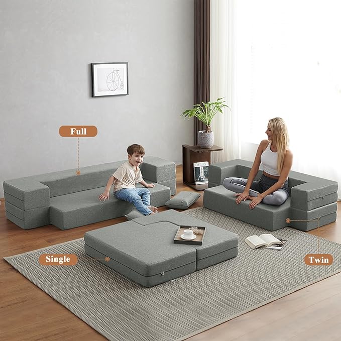 Convertible Folding Sofa - Modern Linen Fabric Coffee Table, Foldable Floor&Futon Couch, Space-Saving Chair with Pillow for Living Room/Dorm/Guest Room/Home Office/Apartment,Twin XL,Light Gray - LeafyLoom