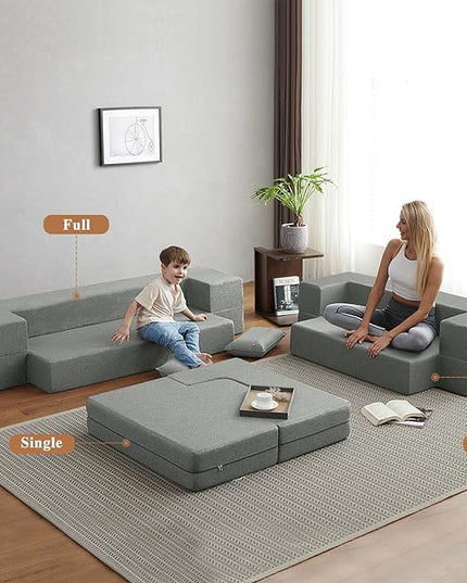 Convertible Folding Sofa - Modern Linen Fabric Coffee Table, Foldable Floor & Futon Couch, with Pillow for Living Room/Dorm/Guest Room/Home Office/Apartment,Single (2 in 1),Light Gray - LeafyLoom
