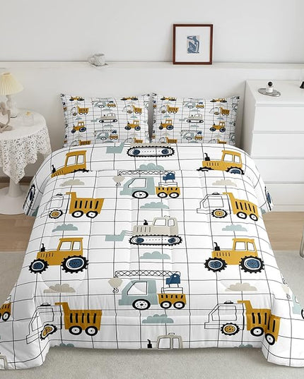 Kids Cartoon Car Comforter Set Boys Cute Excavator Tractor Comforter Toddler Construction Bedding Set Children Vehicles Truck Cars Quilt Set Black White Grid Duvet Set Bright Bedroom Decor Queen Size - LeafyLoom