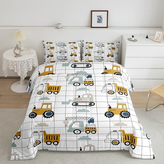 Kids Cartoon Car Comforter Set Boys Cute Excavator Tractor Comforter Toddler Construction Bedding Set Children Vehicles Truck Cars Quilt Set Black White Grid Duvet Set Bright Bedroom Decor Queen Size - LeafyLoom