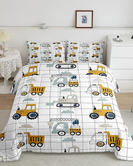 Kids Cute Cars Bedding Set Boys Cartoon Truck Tractor Cargo Comforter Set Machinery Bulldozer Crane Comforter Black White Grid Duvet Set Bright Decor Quilt Full Size Boys - LeafyLoom