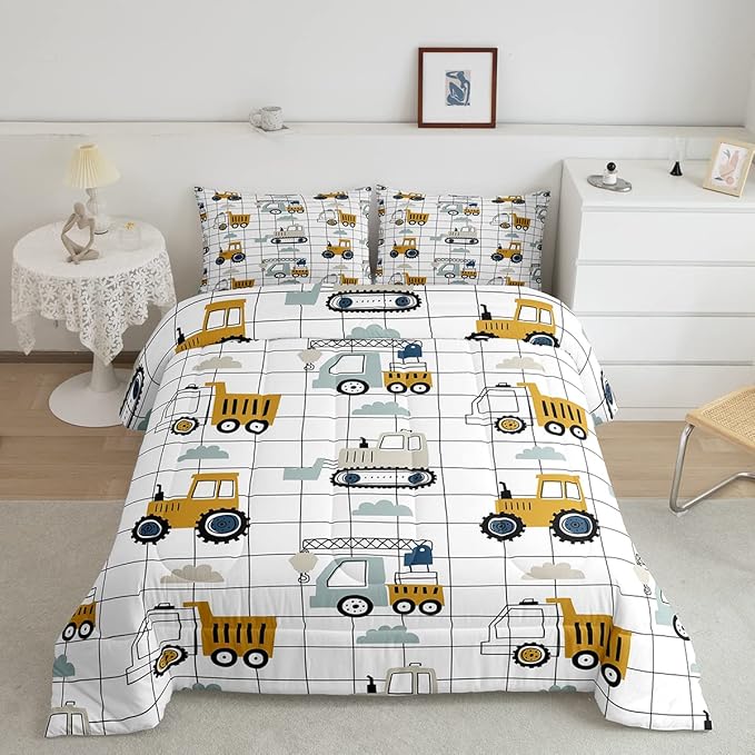 Kids Cute Cars Bedding Set Boys Cartoon Truck Tractor Cargo Comforter Set Machinery Bulldozer Crane Comforter Black White Grid Duvet Set Bright Decor Quilt Full Size Boys - LeafyLoom