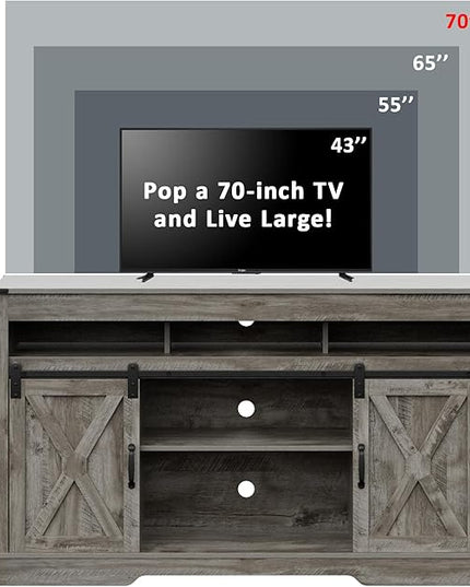 Farmhouse Stand for TVs up to 65+ Inch Tall Entertainment Center with Sliding Barn Door, Console Storage Cabinet for Bedroom, Living Room, Light Grey - LeafyLoom