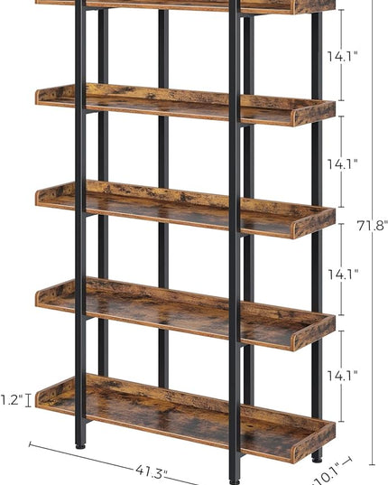 Rolanstar Bookshelf 5-Tier, 71.8’’H Industrial Book Shelf, Large Bookcases and Bookshelves with Open Shelves, Open Display Shelves with Metal Frame for Living Room Bedroom Home Office, Rustic Brown - LeafyLoom