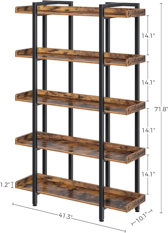 Rolanstar Bookshelf 5-Tier, 71.8’’H Industrial Book Shelf, Large Bookcases and Bookshelves with Open Shelves, Open Display Shelves with Metal Frame for Living Room Bedroom Home Office, Rustic Brown - LeafyLoom