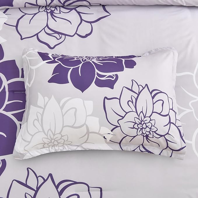 Purple Comforter Set King 7 Piece Bed in a Bag Purple Floral Comforter with Sheet Set Soft Micorfiber Reversible Bedding Set (1 Comforter,2 Pillow Shams,1 Flat Sheet,1 Fitted Sheet,2 Pillowcases) - LeafyLoom