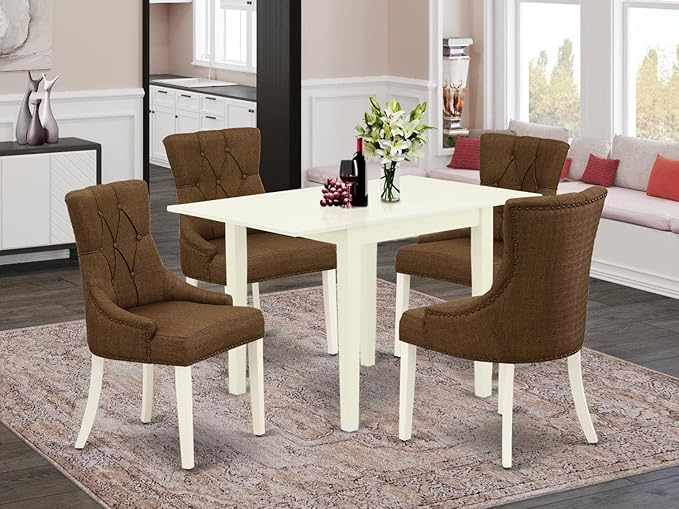 East West Furniture NDFR5-LWH-18 Norden 5 Piece Room Furniture Set Includes a Rectangle Dining Table with Dropleaf and 4 Brown Linen Fabric Parsons Chairs, 30x48 Inch - LeafyLoom