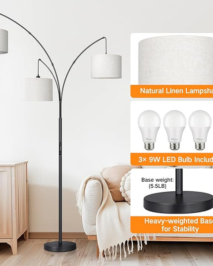 OUTON Arc LED Floor Lamp with Remote & Touch Control, Dimmable Modern Black 3 Light Arched Tall Floor Lamp, Mid Century Adjustable Standing Corner Lamps for Bedroom, Office, Living Room - LeafyLoom