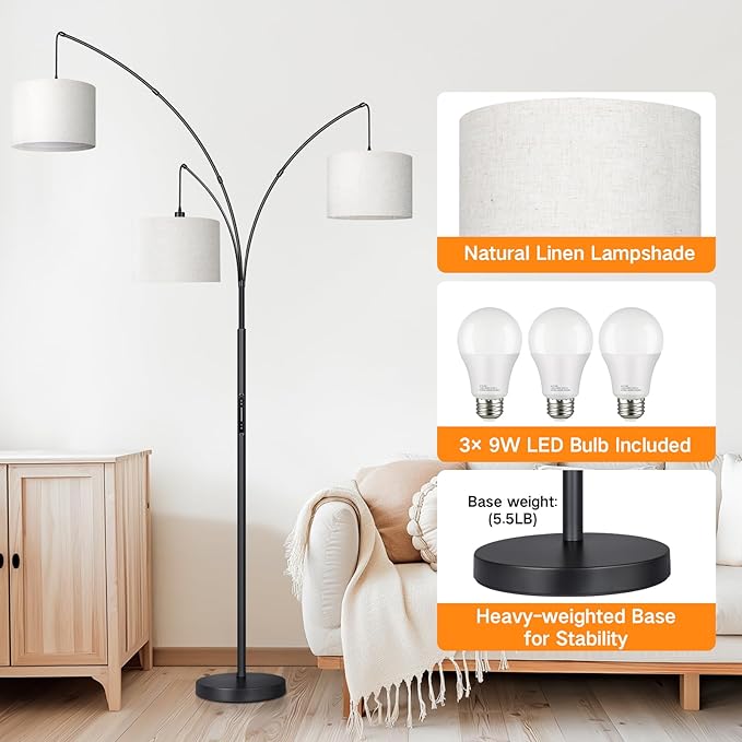 OUTON Arc LED Floor Lamp with Remote & Touch Control, Dimmable Modern Black 3 Light Arched Tall Floor Lamp, Mid Century Adjustable Standing Corner Lamps for Bedroom, Office, Living Room - LeafyLoom