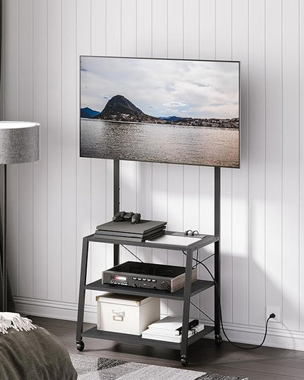 HOOBRO Rolling TV Stand with Mount and Power Outlet Up to 55 inch TVs, Corner Entertainment Center, Small TV Stand with 3-Tier Storage Shelves for Living Room, Bedroom, Black BB66UDS01 - LeafyLoom