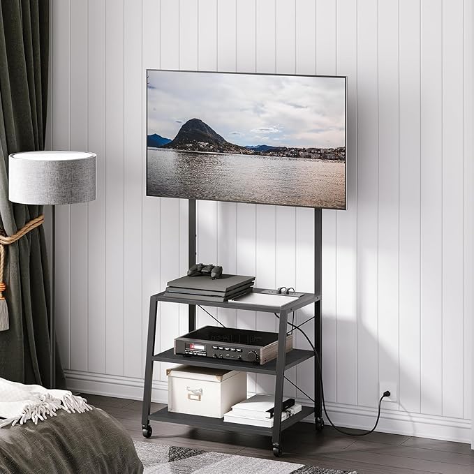 HOOBRO Rolling TV Stand with Mount and Power Outlet Up to 55 inch TVs, Corner Entertainment Center, Small TV Stand with 3-Tier Storage Shelves for Living Room, Bedroom, Black BB66UDS01 - LeafyLoom