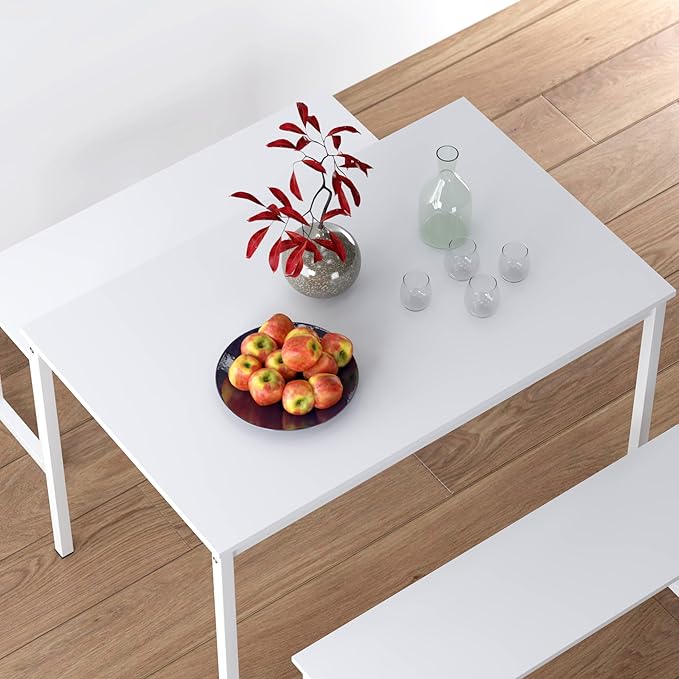 sogesfurniture Kitchen Table Set with 2 Benches, Dining Table Set for 4, 3 Piece Dining Room Set Industrial Style Furniture, Wooden Kitchen and Dining Set, Dining Table with Benches,White - LeafyLoom