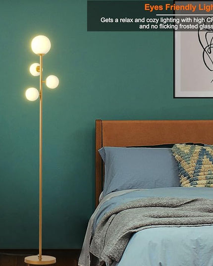 4 Globe Gold Floor Lamp, Mid Century Modern Standing Lamp with Frosted Ball Glass Shade & Warm White LED Bulbs, Contemporary Tall Tree Lamp for Living Room, Bedroom, Office - Antique Brass - LeafyLoom