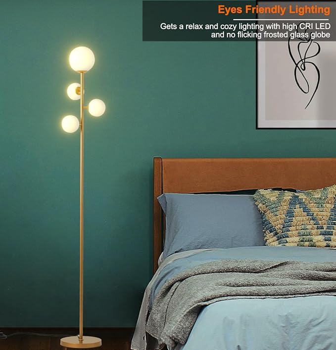 4 Globe Gold Floor Lamp, Mid Century Modern Standing Lamp with Frosted Ball Glass Shade & Warm White LED Bulbs, Contemporary Tall Tree Lamp for Living Room, Bedroom, Office - Antique Brass - LeafyLoom