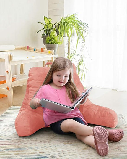 Clara Clark Reading Pillow for Kids, Small Back Pillow for Sitting Up in Bed, Memory Foam Back Support Pillow, Reading Pillows for Sitting in Bed, Misty Rose Gaming Pillow with Arms and Pockets - LeafyLoom