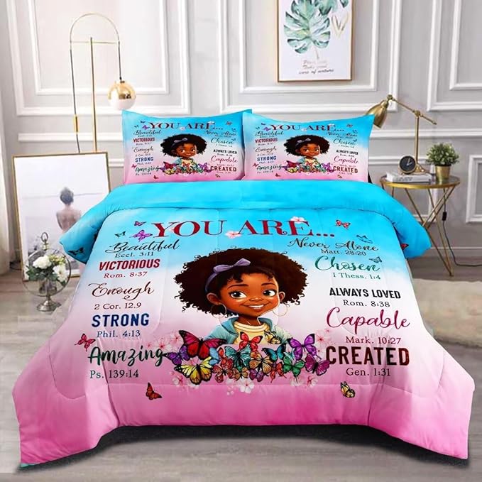 Black Girl Comforter Set Queen for Kids Teens,God Says You are Comforter Set for Black Women,Black Girl Magic Bedding Set,African American Girl Bed Bedroom Set - LeafyLoom