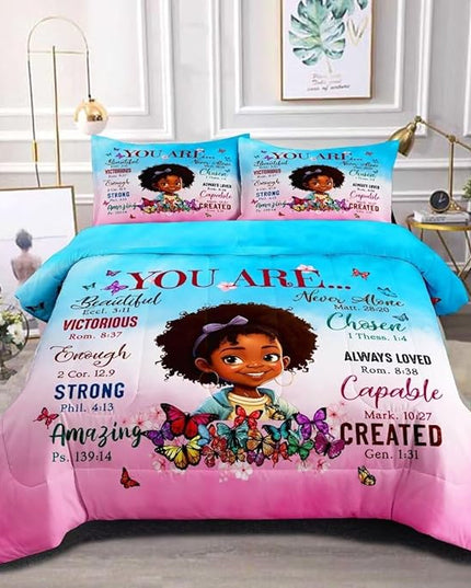 Black Girl Comforter Set Twin for Kids Teens,God Says You are Comforter Set for Black Women,Black Girl Magic Bedding Set,African American Girl Bed Bedroom Set - LeafyLoom