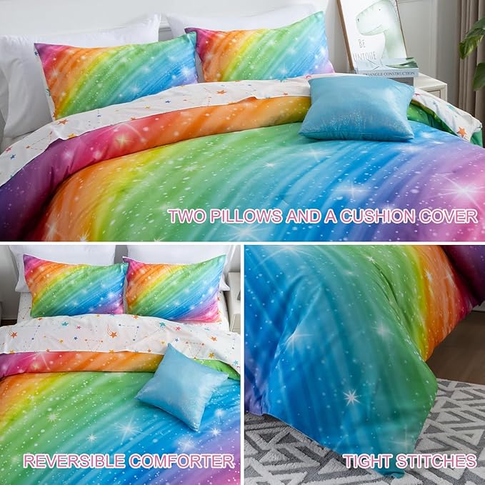 Btargot Super Soft 6 Pieces Gradient Star Ring Comforter Set, Colorful Glitter Rainbow Star Pattern Bedding Set for Boys Girls Teens,Full Multicolor - LeafyLoom