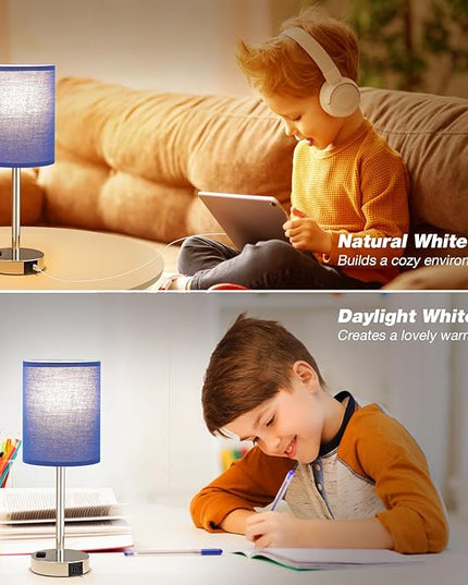 Blue Bedside Table Lamps for Bedroom Set of 2 - Touch Nightstand Lamp with USB-A+C Charging Ports & AC Outlet - 3 Way Dimmable Small Desk Lamp White for Office, Living Room, Reading - LeafyLoom