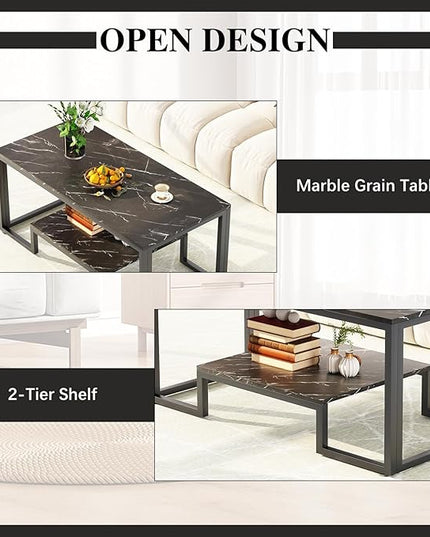 Coffee Table Black Table for Living Room,2 Tiers Rectangle Center Table with Sturdy Metal Frame,Modern Black Faux Marble Coffee Table for Bedroom Home Office - LeafyLoom