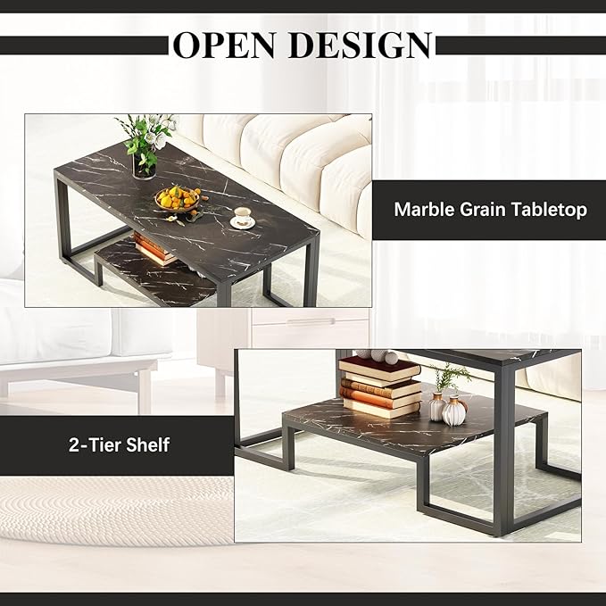 Coffee Table Black Table for Living Room,2 Tiers Rectangle Center Table with Sturdy Metal Frame,Modern Black Faux Marble Coffee Table for Bedroom Home Office - LeafyLoom