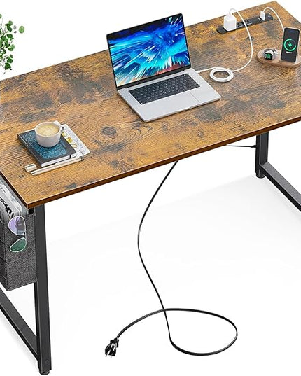KKL Small Desk with Power Outlets and USB Port Computer Desk for Home Office Gaming Simple Modern Style Writing Desks with Storage Bag Headphone Hook, 40 inch, Rustic Brown - LeafyLoom