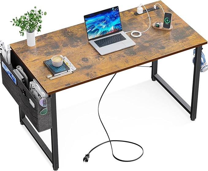 KKL Small Desk with Power Outlets and USB Port Computer Desk for Home Office Gaming Simple Modern Style Writing Desks with Storage Bag Headphone Hook, 40 inch, Rustic Brown - LeafyLoom