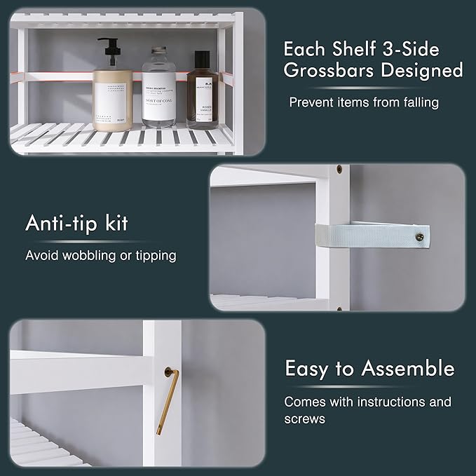 Bookshelf, 6-Tier Tall Bookcase Freestanding Bamboo Book Shelf Bathroom Storage Organizer with Adjustable Shelves, White - LeafyLoom