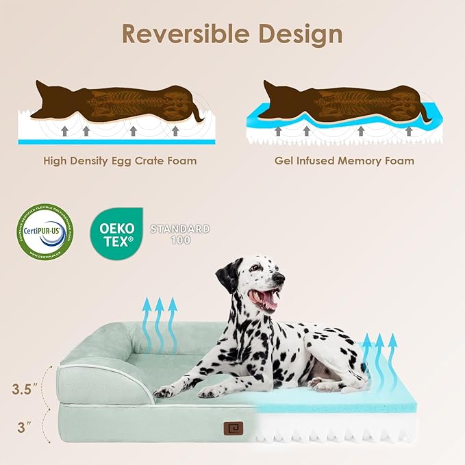 EHEYCIGA Orthopedic Dog Beds for Extra Large Dogs, Waterproof Memory Foam XXL Dog Bed with Sides, Non-Slip Bottom and Egg-Crate Foam Big Dog Couch Bed with Washable Removable Cover, Sage Green EHEYCIGA
