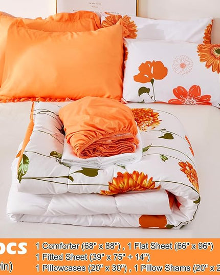 EVENHUG Twin Comforter Set 5 Pieces Reversible Twin Size Comforters for All Season Orange Sunflower Floral Bedding Sets Bed in a Bag with Flat Sheet and Fitted Sheet,Pillowcases & Shams - LeafyLoom