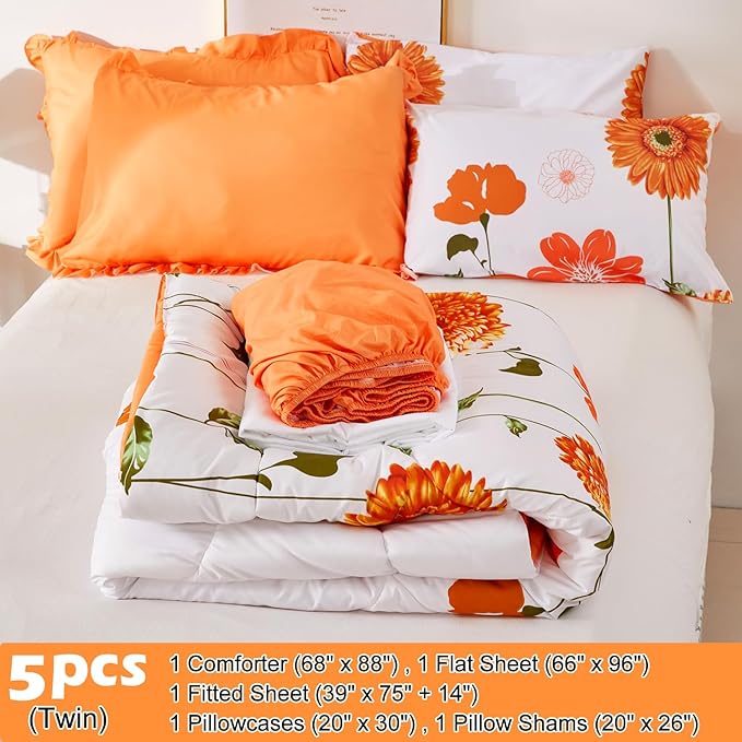 EVENHUG Twin Comforter Set 5 Pieces Reversible Twin Size Comforters for All Season Orange Sunflower Floral Bedding Sets Bed in a Bag with Flat Sheet and Fitted Sheet,Pillowcases & Shams - LeafyLoom