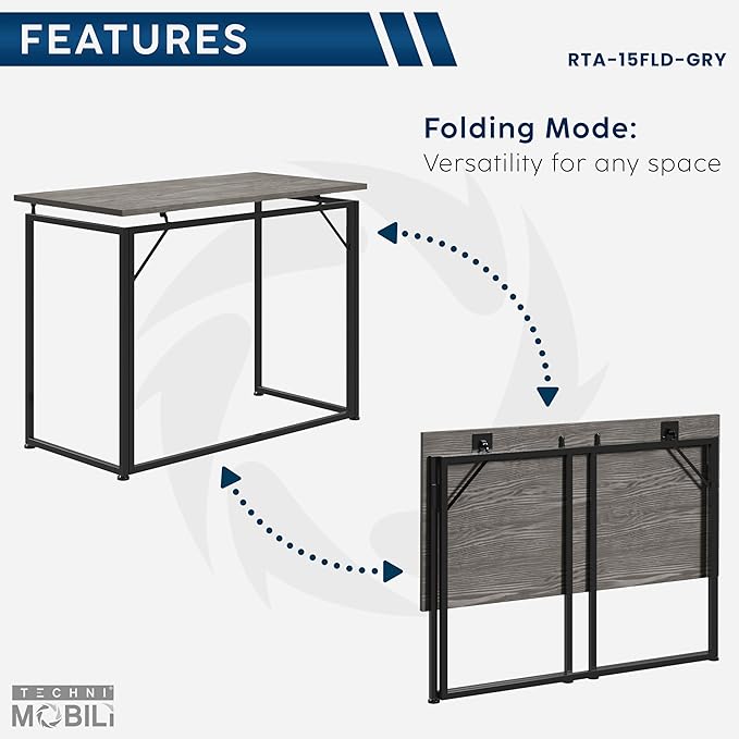 Techni Mobili Space Saving Folding Desk, Grey - LeafyLoom