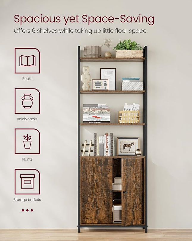 VASAGLE 6-Tier Bookshelf, Tall Bookcase with Door, Steel Frame, Adjustable Shelves, 9.4 x 23.6 x 62.8 Inches, Living Room Bedroom, Rustic Brown and Ink Black ULLS133K01 - LeafyLoom