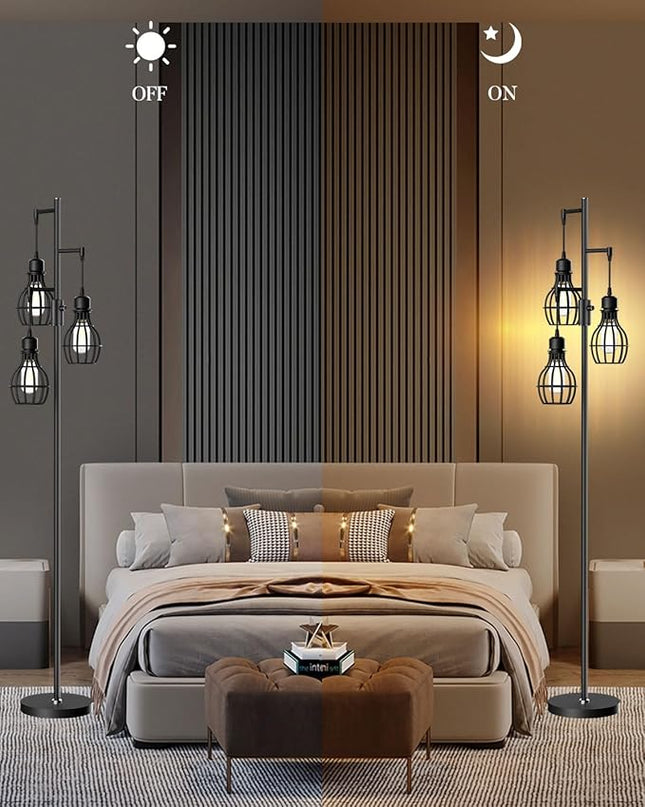 Lightdot 68IN Industrial Floor Lamp Dimmable (Brightness Adjustable), Farmhouse Tree Floor Lamp with E26 LED Edision Bulbs Included, 3-Light Tall Pole Standing Lamp for Living Room Bedroom-Black - LeafyLoom