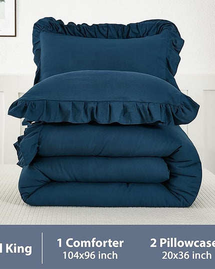 Andency California King Comforter Set Navy Blue, 3 Pieces Cal King Solid Ruffle Shabby Chic Bedding Comforter, Oversized Lightweight Soft Microfiber Bed Comforter - LeafyLoom