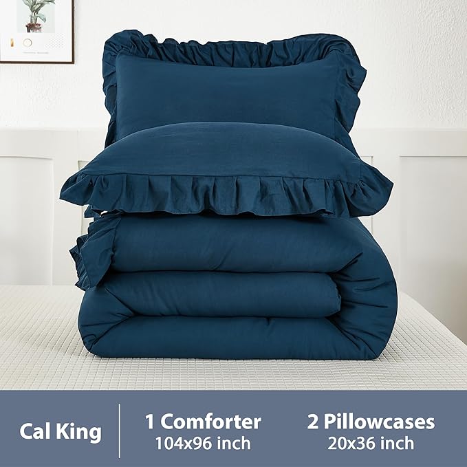 Andency California King Comforter Set Navy Blue, 3 Pieces Cal King Solid Ruffle Shabby Chic Bedding Comforter, Oversized Lightweight Soft Microfiber Bed Comforter - LeafyLoom