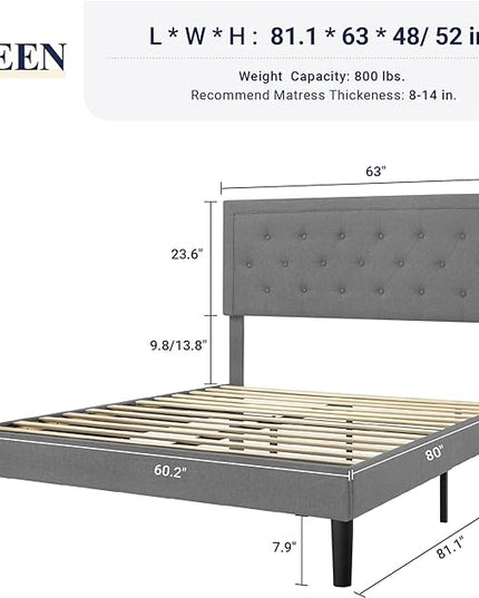 Allewie Queen Size Bed Frame Upholstered Platform Bed with Adjustable Headboard, Button Tufted, Wood Slat Support, Easy Assembly, Light Grey - LeafyLoom