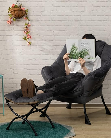 AcozyHom Fabric Lazy Chair with Foldable Ottoman, Accent Comfy Lounge Arm Chair and Folding Footrest Stool Set, Leisure Sofa Reading Chair and Footstool for Living Room, Bedroom, Dorm, Smoky Grey - LeafyLoom