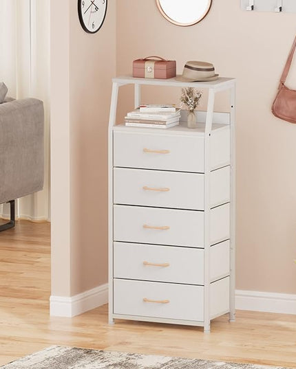 Furnulem White Dresser with 5 Drawers, Vertical Storage Tower Fabric Dresser for Bedroom, Hallway, Entryway, Nursery, Closet Organizer, Nightstand Bedside Table Furniture, Sturdy Steel Frame, Wood Top - LeafyLoom