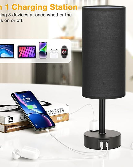 Black Touch Table Lamps Set - 3 Way Dimmable Bedroom Bedside Lamps Set of 2 with USB C and A Ports, Small Lamps for Nightstand with AC Outlet, Round Flaxen Shade for Desk, Office, Dorm, Nursery - LeafyLoom