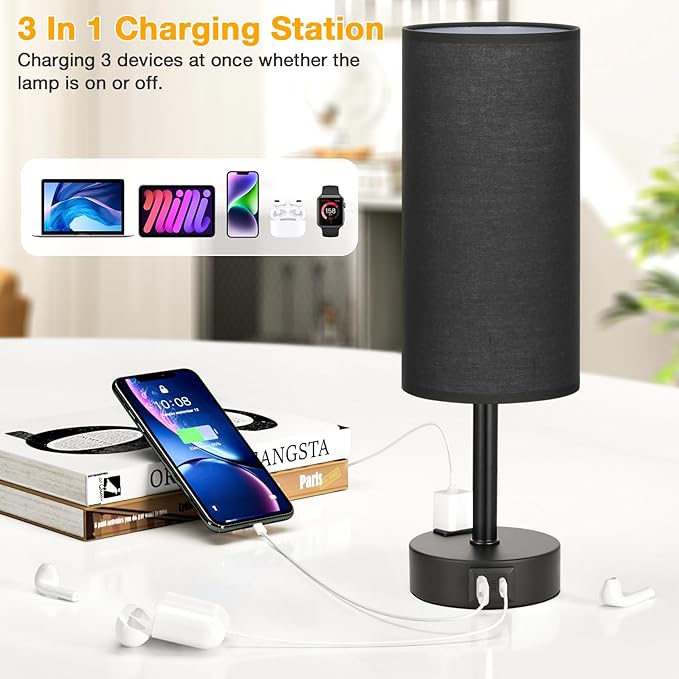 Black Touch Table Lamps Set - 3 Way Dimmable Bedroom Bedside Lamps Set of 2 with USB C and A Ports, Small Lamps for Nightstand with AC Outlet, Round Flaxen Shade for Desk, Office, Dorm, Nursery - LeafyLoom
