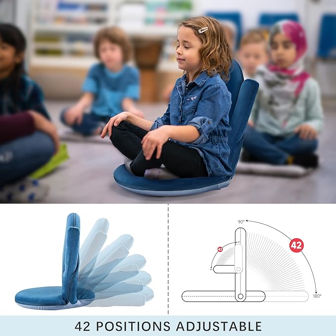 Nnewvante Floor Folding Chair Armrest, 42 Position Back Support Adjustable Floor Seat Washable Stackable Cushion for Class Meditation Playing Adults Kids,Ctystal Velvet Navy Blue - LeafyLoom