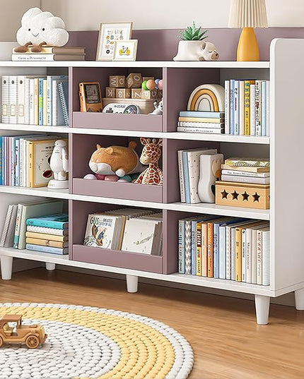Wooden Cube Bookcase with Legs - 3-Tier Open Shelf Kidsroom Cabinet Organizer Sorted Storage for Toys and Books, 9-Cube Lattice Cute Cubby Bookshelf, White Mixed Mocha Brown, 55" W - LeafyLoom